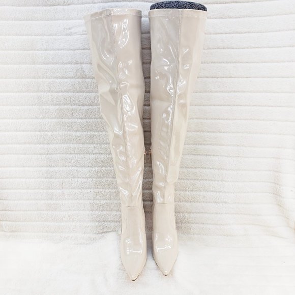 Bad Girlz Off White Nude Stretch Patent Wide Top Thigh High Heel Boots Brand New - Picture 5 of 10